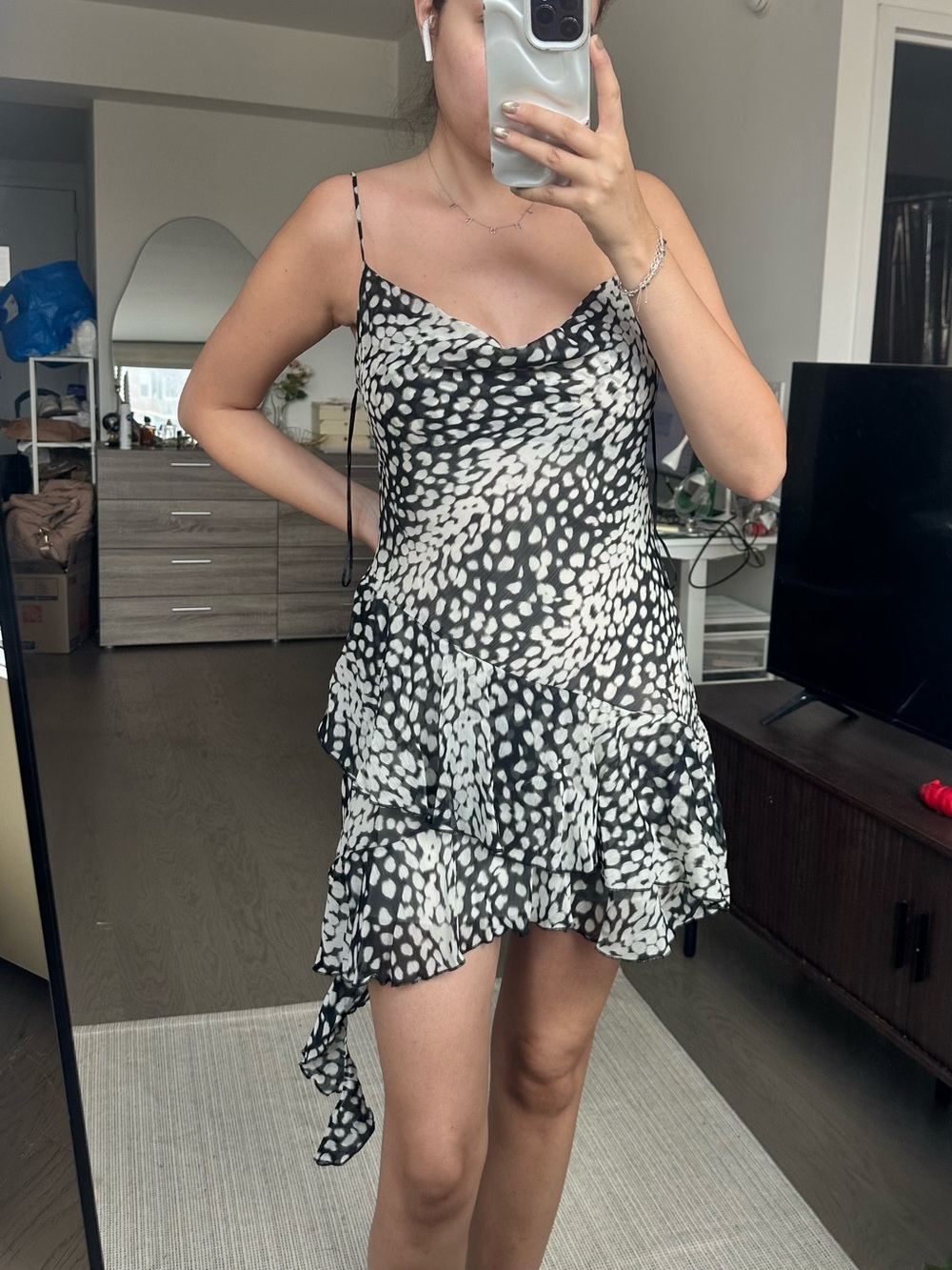 NWT Zara Black and White Spotted Ruffle Mini Dress